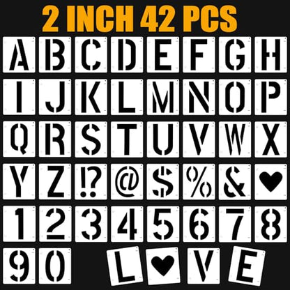 42 PCS Letter Stencils for Painting, Spray Paint Stencil | 2 Inch Alphabet Stencils for Crafts Reusable on Wood, Wall, Rock, Fabric, Sign, School DIY Art Projects - size: 2 Inch