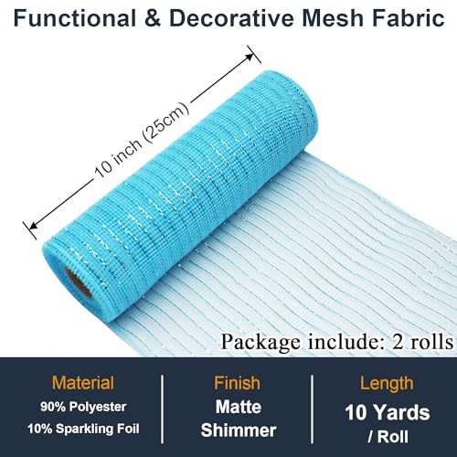 Sky Blue Mesh Ribbon Rolls 10 Inch 10 Yds, Deco Mesh Fabric for Wreaths | (2 Rolls) 30Ft Each, Decorative Foil Mesh for Christmas Tree Ribbon, Door Decor, DIY Crafts, Halloween, Wedding Party Supplie - color: Sky Blue
