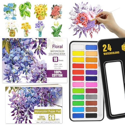 Watercolor Coloring Book Kit for Adults 24 Color Paint Set with Brush