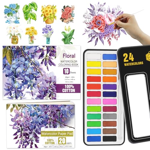 Watercolor Coloring Book Kit for Adults 24 Color Paint Set with Brush