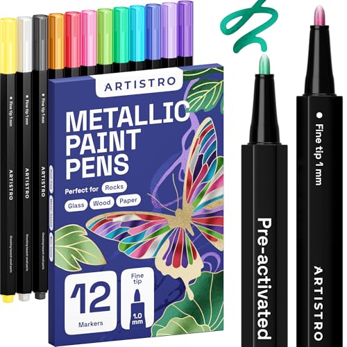 ARTISTRO 12 Metallic Paint Pens for Glass Marking - Extra-Fine Tip | Acrylic Paint Markers for Poster, Rock Painting, Ceramic, Wood, Fabric, Scrapbooking, DIY, Craft, Card Making, Coloring - color: Metallic