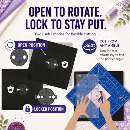 The Quilted Bear 18" x 18" Rotating Self-Healing Cutting Mat, Blue | Square Mat, 360° Rotation, Locking Mechanism, 5-Layer Surface, Non-Slip Base, Clear Inch Grid & Angle Guides for Quilting - color: Blue, size: 18"L x 18"W