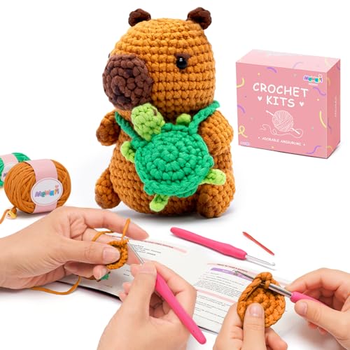 Mewaii Capybara Crochet Kit for Beginners, 40% Extra Yarn - color: Brown and Dark Green