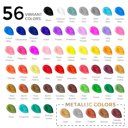 ABEIER Acrylic Paint Set, 56 Colors x 2 oz, Non-Toxic Matte Paint | Rich pigments, smooth blending, waterproof when dry, fade-resistant finish, multi-surface art and craft projects
