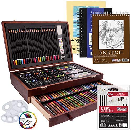 U.S. Art Supply 162-Piece Mega Wood Box Artist Kit for Painting, Drawing | Art Supplies for Adults - 24 Each (Watercolors, Oil Pastels, Pencils), 60 Crayons & 2 Brushes - Art Kit for Adults, Gift Set - size: 162-Piece