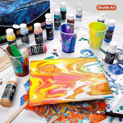 Shuttle Art Acrylic Pouring Paint, Set of 36 Bottles (2 oz/60ml) Pre-Mixed High-Flow Pouring Supplies with Canvas, Silicone Oil, Measuring Cups, Tablecloths, Complete Paint Pouring Kit - color: 36 Colors