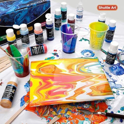 Shuttle Art Acrylic Pouring Paint, Set of 36 Bottles (2 oz/60ml) Pre-Mixed High-Flow Pouring Supplies with Canvas, Silicone Oil, Measuring Cups, Tablecloths, Complete Paint Pouring Kit - color: 36 Colors