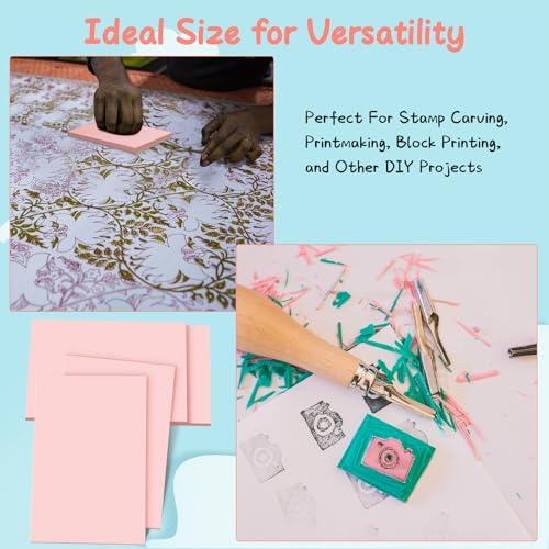 Frienda 40 Pcs 4"x6" Rubber Carving Blocks Linoleum Block Stamp Making Kit Soft Rubber Carved Brick for Stamp Maker Printmaking Supplies Craft Project(Pink) - color: Pink