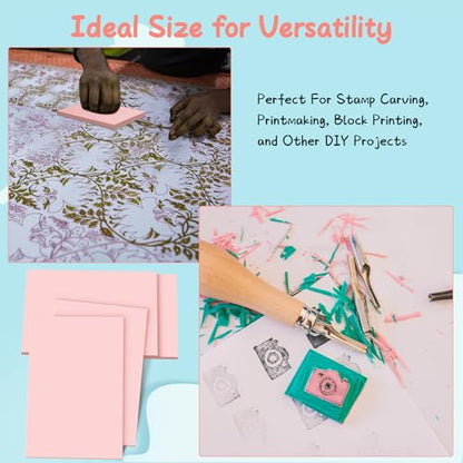 Frienda 40 Pcs 4"x6" Rubber Carving Blocks Linoleum Block Stamp Making Kit Soft Rubber Carved Brick for Stamp Maker Printmaking Supplies Craft Project(Pink) - color: Pink