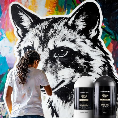 Shuttle Art Titanium White & Black Acrylic Paint Set, 2×69oz/2040ml Large Capacity Pump Bottles with Covers, High Coverage, Fast Drying Non-Toxic Art Paint for Artists, Students, Kids & DIY Crafts