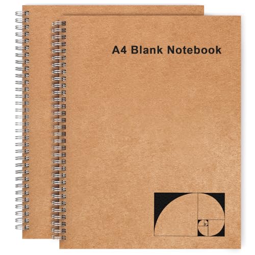 A4 Blank Journal Notebook, 2 Pack Large Spiral Sketchbook for Drawing, 200 Pages 100gsm Thick Unlined Blank Page Journal for Sketching Writing Taking Note and More - Kraft Brown Cover, 8.5" x 11" - color: Blank Page