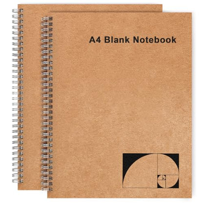 A4 Blank Journal Notebook, 2 Pack Large Spiral Sketchbook for Drawing, 200 Pages 100gsm Thick Unlined Blank Page Journal for Sketching Writing Taking Note and More - Kraft Brown Cover, 8.5" x 11" - color: Blank Page