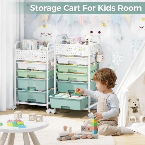 5 Drawer Rolling Storage Cart with Pegboard Top and Hooks, Gradient Green | Mobile Organizer Cart with Wheels for Office Supplies, Craft Storage, Classroom Organization, Home Utility Cart - color: Gradient Green, size: 5-Drawers