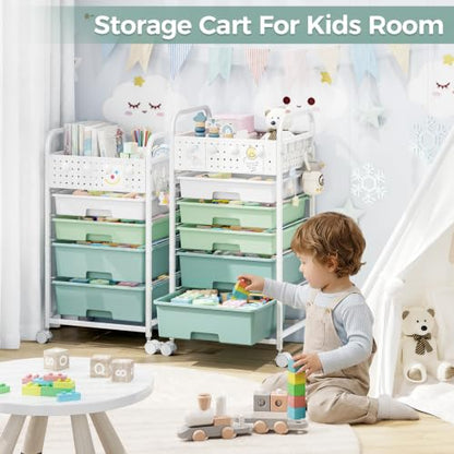 4 Drawer Rolling Storage Cart with Pegboard Top and Hooks, Gradient Green - color: Gradient Green, size: 4-Drawers