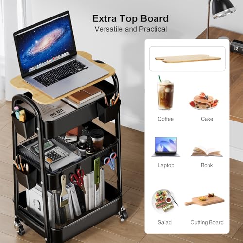 3 Tier Metal Rolling Cart with Wheels and Wooden Table Top, Three Tiered Craft Cart Organizer on Wheels, Black Storage Utility Carts for Art, Diaper Caddy, Baby Nursery, Office, Laundry, Snack, Book - color: Black