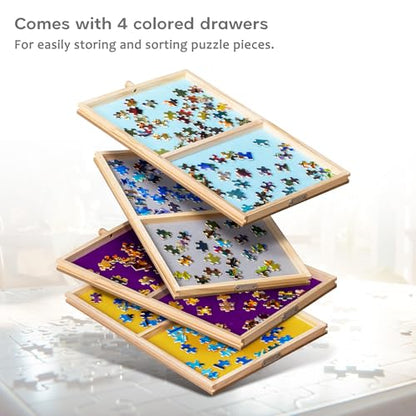 Tektalk Jigsaw Puzzle Table with Angle & Height Adjustment, Wooden Puzzle Board with Cover & 4 Colored Drawers, Tilting Puzzle Easel with Legs & 4 Roller Wheels, for Up to 1500 Pieces