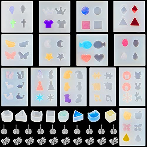 Geiserailie 22 Pieces Stud Earrings Resin Moulds Tiny Jewelry Silicone Jewelry Epoxy Casting Moulds with Stainless Steel Ear Studs and Earring Backs for Resin DIY Jewelry Making Supplies