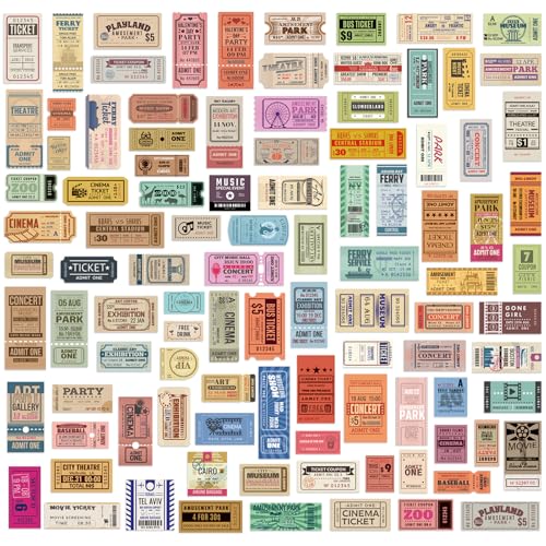 200Pcs Vintage Washi Stickers for Scrapbooking Supplies & Junk Journaling | Aesthetic Stickers for Water Bottles, Craft Kits, Bullet Journals - style: Tickets