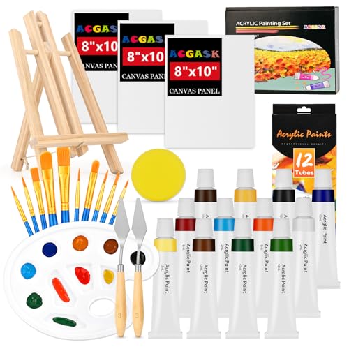 ACKASK Painting Kits for Adults Kids,Acrylic Paint Canvas Easel Set,30 Pcs Drawing Painting Supplies Art Kit,12 Paints,10 Painting Brushes,Palettes Etc,Art Set Art Supplies for Kids Adults Artists