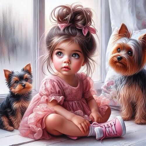 Accompany Wind Cute Dog and Girl Diamond Art Kits for Adults, Puppy Diamond Painting Kits for Beginners, 5D DIY Full Drill Round Diamonds Gem Art Crafts for Home Wall Decor Gifts 14x14 Inch - color: Cute girl