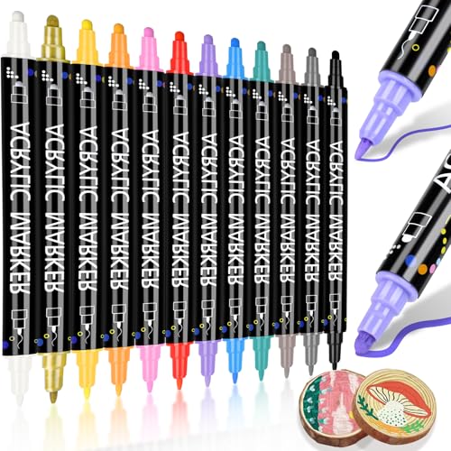 12 Colors Dual Tip Acrylic Paint Pens Markers, Dot & Fine Tip Coloring Drawing Markers for Christmas Decorations, Waterproof Making Art Supplies for Wood, Stone, Rock Painting - color: 12 Colors / Dot & Fine Tip