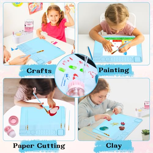 Painting Station Paint Brush Cleaner 20"X16" Silicone Paintings Mat with Cup and Paint Holder 10 Paintings Brushes Children's Painting Set Art Supplies for Kid School Gifts DIY Crafts (Blue Pink) - color: Blue Pink