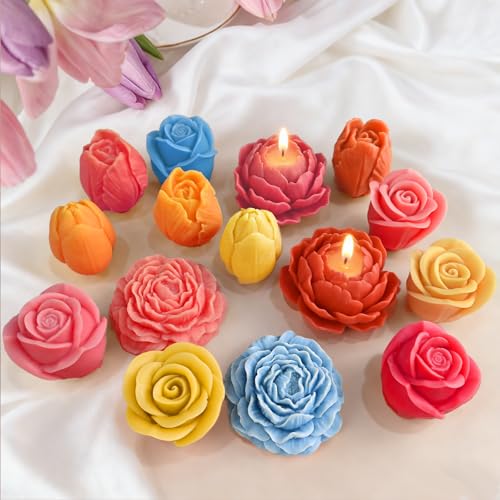 Flower Candle Molds, Set of 6 Peony Rose Tulip Different Shaped - color: 6 Pcs Flower Candle Molds