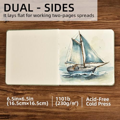 SEMLEART Watercolor Journal Sketchbook,6.5x6.5,140lb/300GSM Cotton Paper - size: 6.5×6.5in