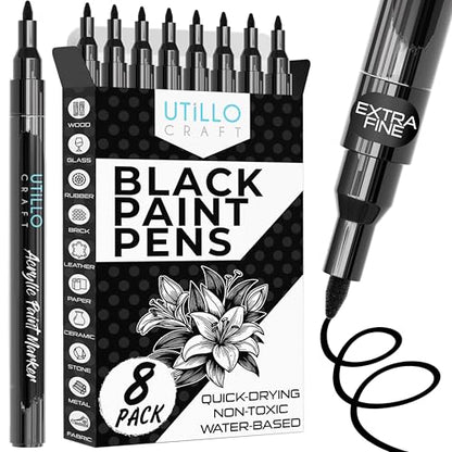 Utillo Craft Black Paint Pen (8-Pack), 0.7mm Extra Fine Black Paint Markers - color: Black