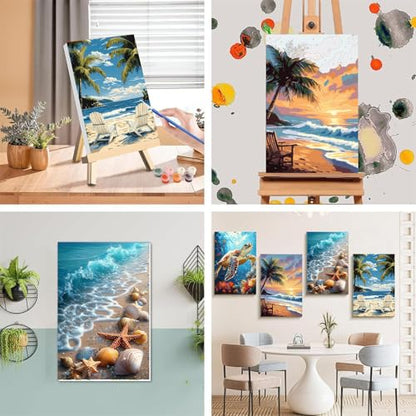 4 Pack Beach Paint by Numbers for Adults with Framed Canvas - Wooden Easel - color: BKMT0055+BKMT0056+BKMT0057+BKMT0058