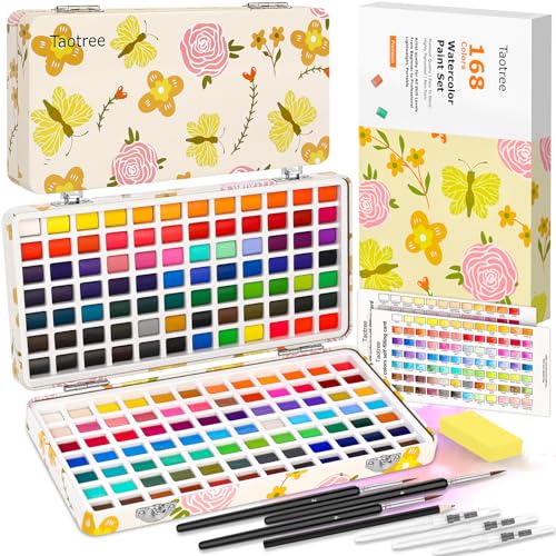 Taotree Watercolor Paint Set 168 Colors, Art Supplies Travel Water Colors | Coloring Set Watercolors Kit with 3 Paints Brushes, Crafts Painting Supplies, Drawing for Adults Artist Drawing, Painting - color: 168 Multicolor