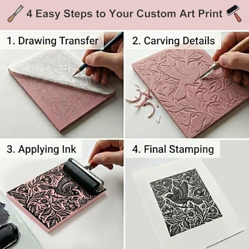 16 Pack Linoleum Blocks for Printmaking, 4x6 Inch Soft Rubber Carving Blocks for Stamp Making, Pink Linocut Blocks for Printmaking Supplies, Block Printing Kit for Beginners & Professionals