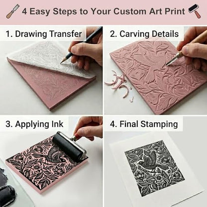 16 Pack Linoleum Blocks for Printmaking, 4x6 Inch Soft Rubber Carving Blocks for Stamp Making, Pink Linocut Blocks for Printmaking Supplies, Block Printing Kit for Beginners & Professionals