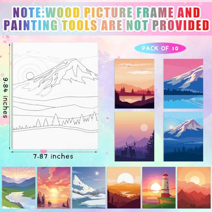 Chuangdi 10 Pcs Landscape Pre Drawn Canvas for Painting Pre Printed Paint and Sip Party Supplies 8 x 10 Inch Stretched Outline Board Painting Kit for Adults Beginner Artist DIY - style: Landscape