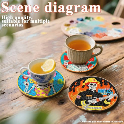 DOTSOPS 8 Pcs Skull Diamond Painting Coasters for Beginners with Holder - color: Eskull
