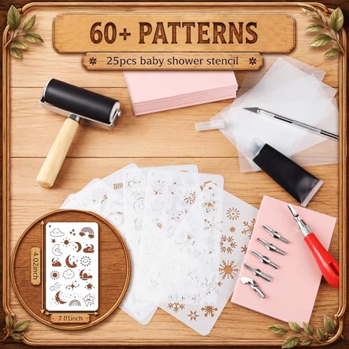 Qeeenar 97 Pcs Linocut Kit for Printmaking, Stamp Making Starter Set with 12 Soft Pink Rubber Carving Blocks Lino Cutter Tools Brayer Roller Black Ink & Metal Tray, DIY Arts Crafts Gift for Beginners