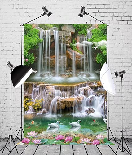 BELECO 3x5ft Fabric Forest Park Waterfall Backdrop Picturesque Swan Lake Lotus Pond Green Trees Scenery Photography Background Wallpaper Spring Summer Holiday Travel Portrait Photoshoot Props - size: 3x5FT