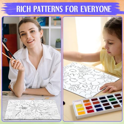 Teling 12 Pcs Pre Drawn Stretched Canvas Kit for Adults Painting Pre Printed Canvas Outline for DIY Painting Party Favor,6 x 6 x 0.6 Inches(Flower) - style: Flower