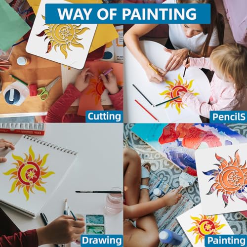 MAYJOYDIY Sun Stencil 6~12inch 4 Sizes Sun Moon Star Stencil with Paint Brush Dazzling Boho Sun Stencil for Painting on Furniture Wood Canvas Paper Wall - color: 4 Sizes Sun Moon