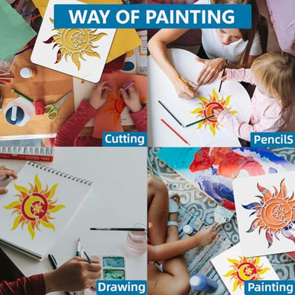 MAYJOYDIY Sun Stencil 6~12inch 4 Sizes Sun Moon Star Stencil with Paint Brush Dazzling Boho Sun Stencil for Painting on Furniture Wood Canvas Paper Wall - color: 4 Sizes Sun Moon