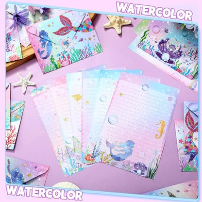 TaoBary 160 Pcs Mermaid Stationery Paper and Envelopes Set 50 Double Sided Lined Stationery Paper with 50 Matching Envelopes and 60 Round Dot Sticker 5.5 x 8.25'' Letter Writing Kit, 10design - size: 5.5 x 8.25 Inch, style: Mermaid