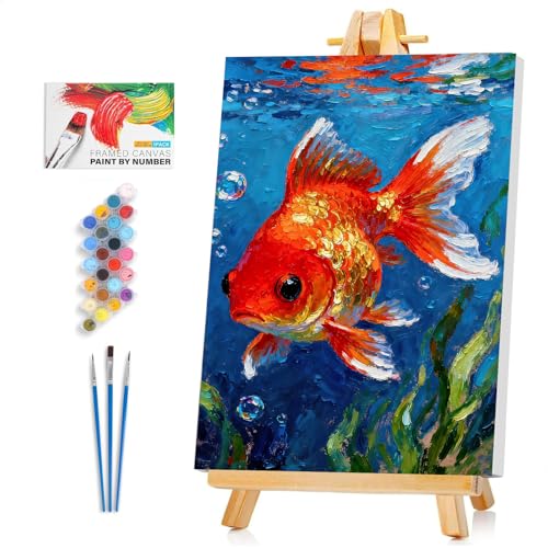 Framed Paint by Numbers Kit for Adults Beginner & Kids Ages 8-12, Goldfish Adult Paint by Number Kits on Canvas, without Easel, DIY Number Painting for Adults for Home Wall Decor Gift 8 x 12 Inch - color: XM-OP-F-GoldFish-2030