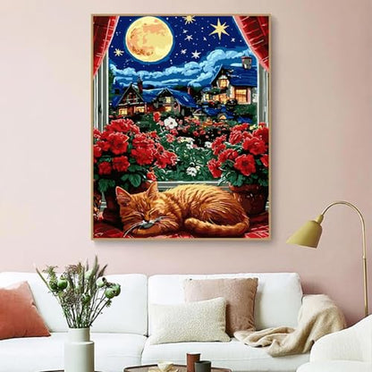 ZRIZQ Paint by Numbers Kit for Adults Beginner,Moon Cat,16x20 | Full set with wooden brushes,rolled canvas,rich paints.Calming activity.Beginner friendly.Just open and paint. - color: 16"X20"Rolled Canvas(Frameless)-Moon Cat