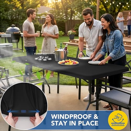 Fitted Tablecloth Rectangle Tables-Black Picnic Table Covers 42x72 Inch | 2 Pack Spandex Stretch Elastic Windproof Washable Folding Table Cloths-Outdoor Camping Dining Patio Kitchen Banquet Party - color: Black, size: 42'' x 72'' | 2 Pack
