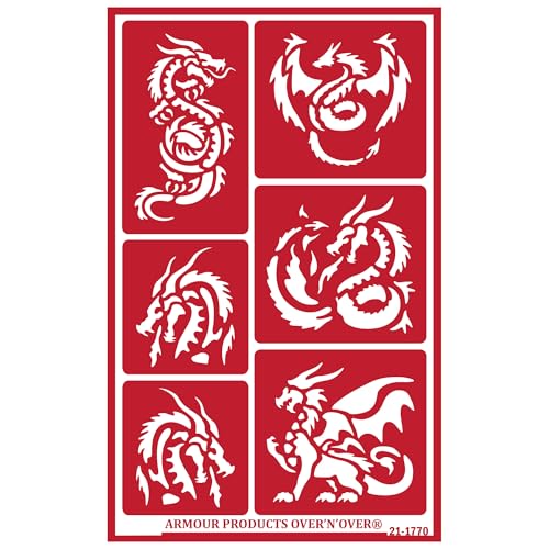 Over'N'Over Reusable Glass Etching Stencils – Durable Self-Stick Designs for Glass, Mirrors, and Ceramics with Armour Etch Cream – 5” x 8” Stencil Sheet - Dragons