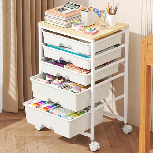 Goovilla Rolling Cart with 5 Drawers for Craft, Art, Dorm, Office, White - size: White