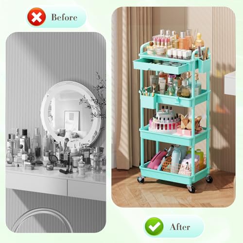 SUNALLY Makeup Cart Organizer with Drawer, 4 Tier Rolling Makeup Cart, Blue - color: Blue, size: 4 Tier