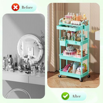 SUNALLY Makeup Cart Organizer with Drawer, 4 Tier Rolling Makeup Cart, Blue - color: Blue, size: 4 Tier