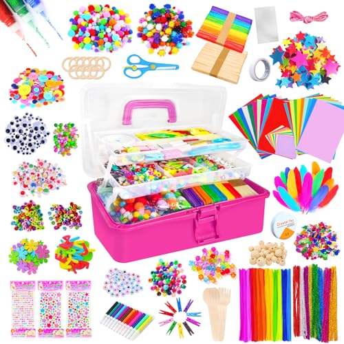 Itopstar 3000+ Kids Arts & Crafts Supplies for Girls - Ultimate Crafting Set in Portable 3-Layered Plastic Art Box - All-in-One DIY Art Supplies for Girls 8-12 - color: dark-pink3000pcs