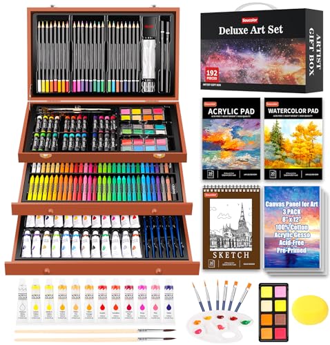 Soucolor 192-Pack Deluxe Art Set, Drawing Painting Kit, Wooden Case Gift - color: Yellow Brown